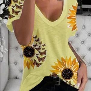 Deep V-Neck Sunflower Loose Shirt for Casual Wear